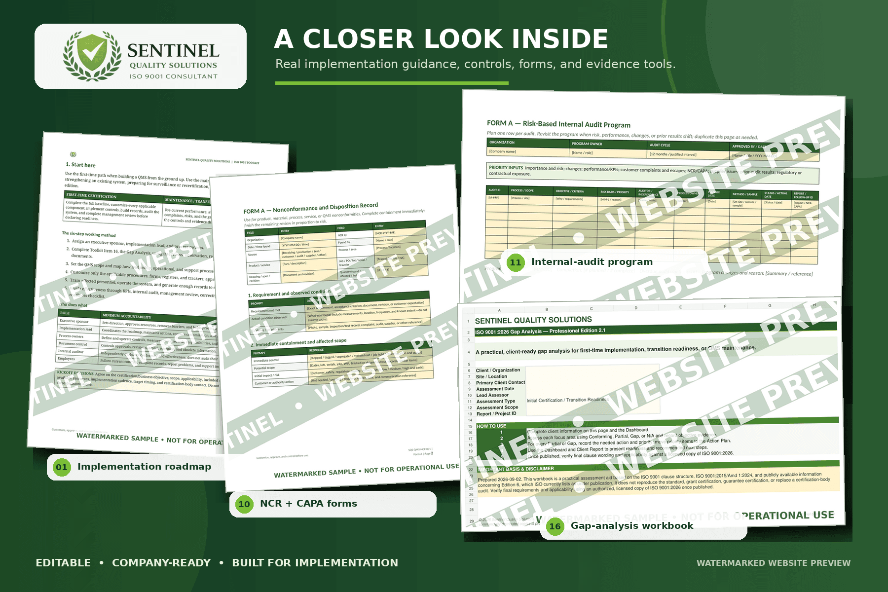 Watermarked close‑up samples from the Sentinel toolkit, including the implementation roadmap, NCR and CAPA forms, internal audit program, and gap analysis workbook.