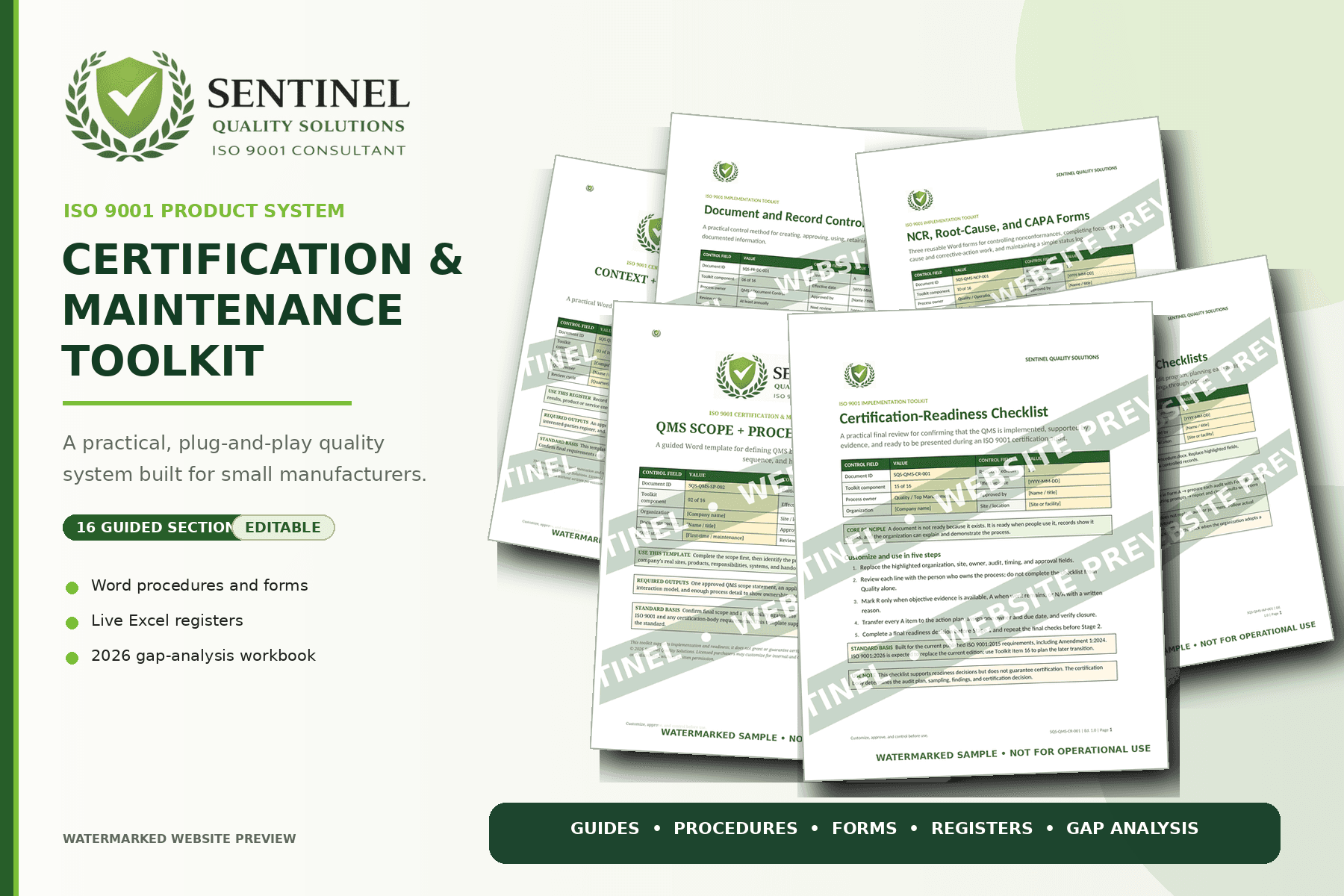 Watermarked overview of the Sentinel ISO 9001 Certification and Maintenance Toolkit with representative guides, procedures, forms, registers, and gap analysis materials.
